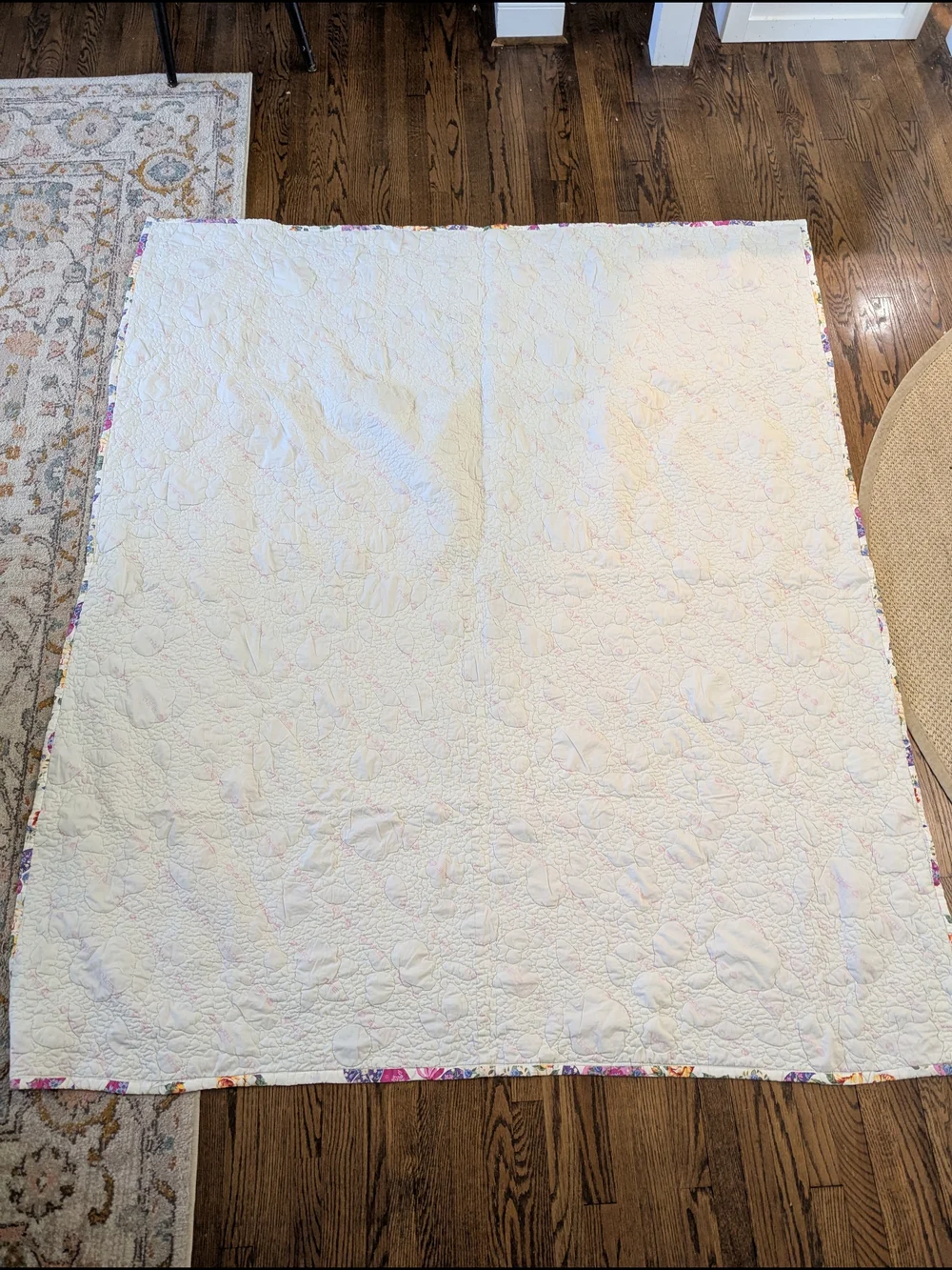 Twin Floral Quilted Bedspread in White with Pink, Purple & Yellow Flowers
